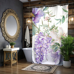 Floral Shower Curtain, Purple Wildflower Botanical Art, Watercolor Garden Blooms Fabric Bath Curtain 71x74, Wisteria Shower Curtain