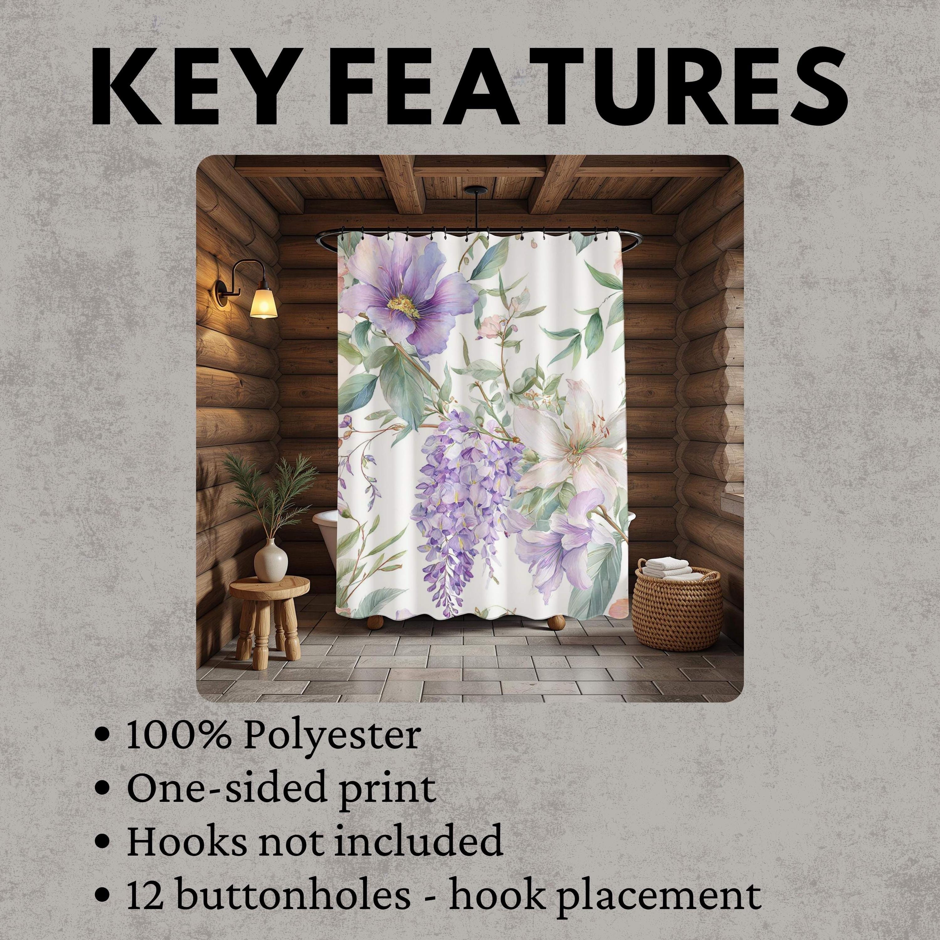 Floral Shower Curtain, Purple Wildflower Botanical Art, Watercolor Garden Blooms Fabric Bath Curtain 71x74, Wisteria Shower Curtain