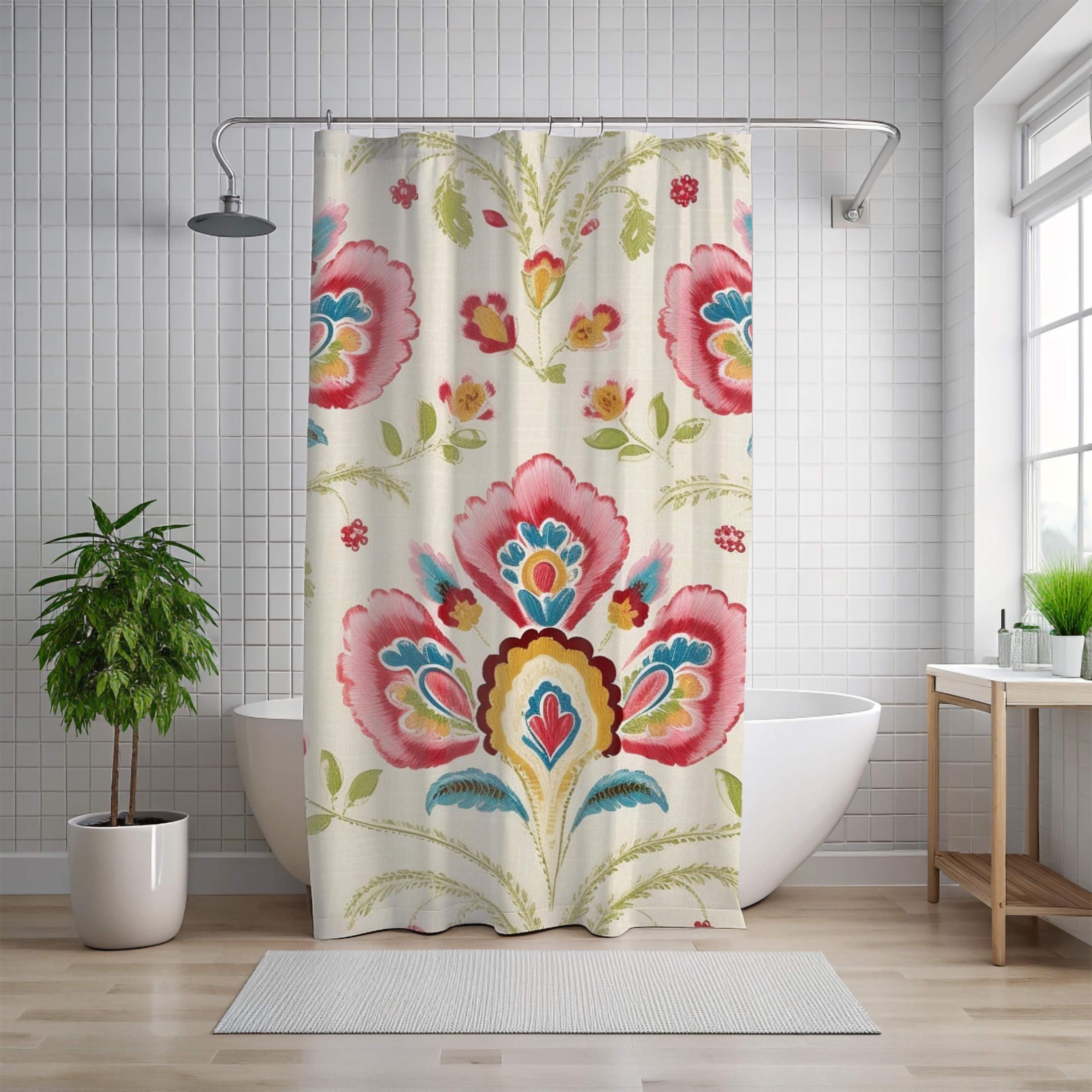 Folk Floral Shower Curtain, Boho Garden Print With Bold Flowers, Colorful Vintage-Inspired Art Fabric Curtain For Bathroom 71x74