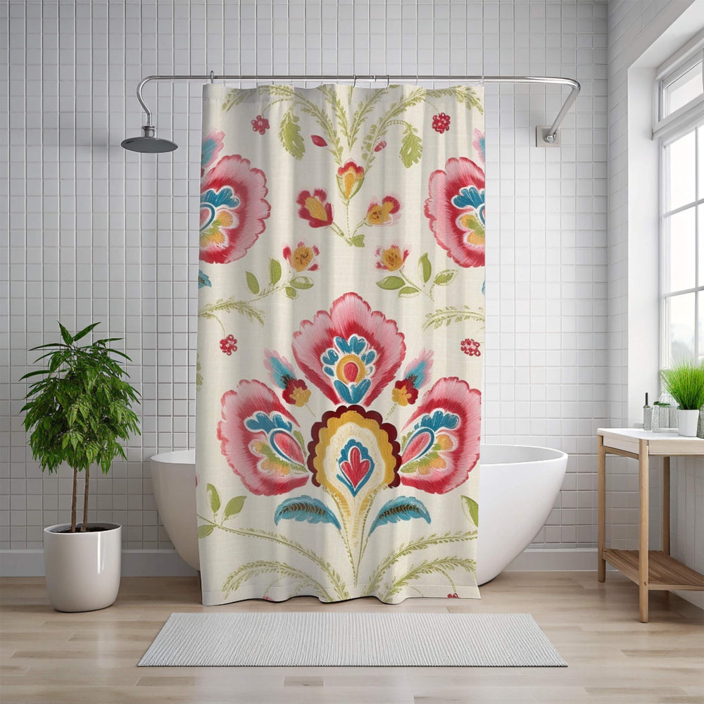 Folk Floral Shower Curtain, Boho Garden Print With Bold Flowers, Colorful Vintage-Inspired Art Fabric Curtain For Bathroom 71x74