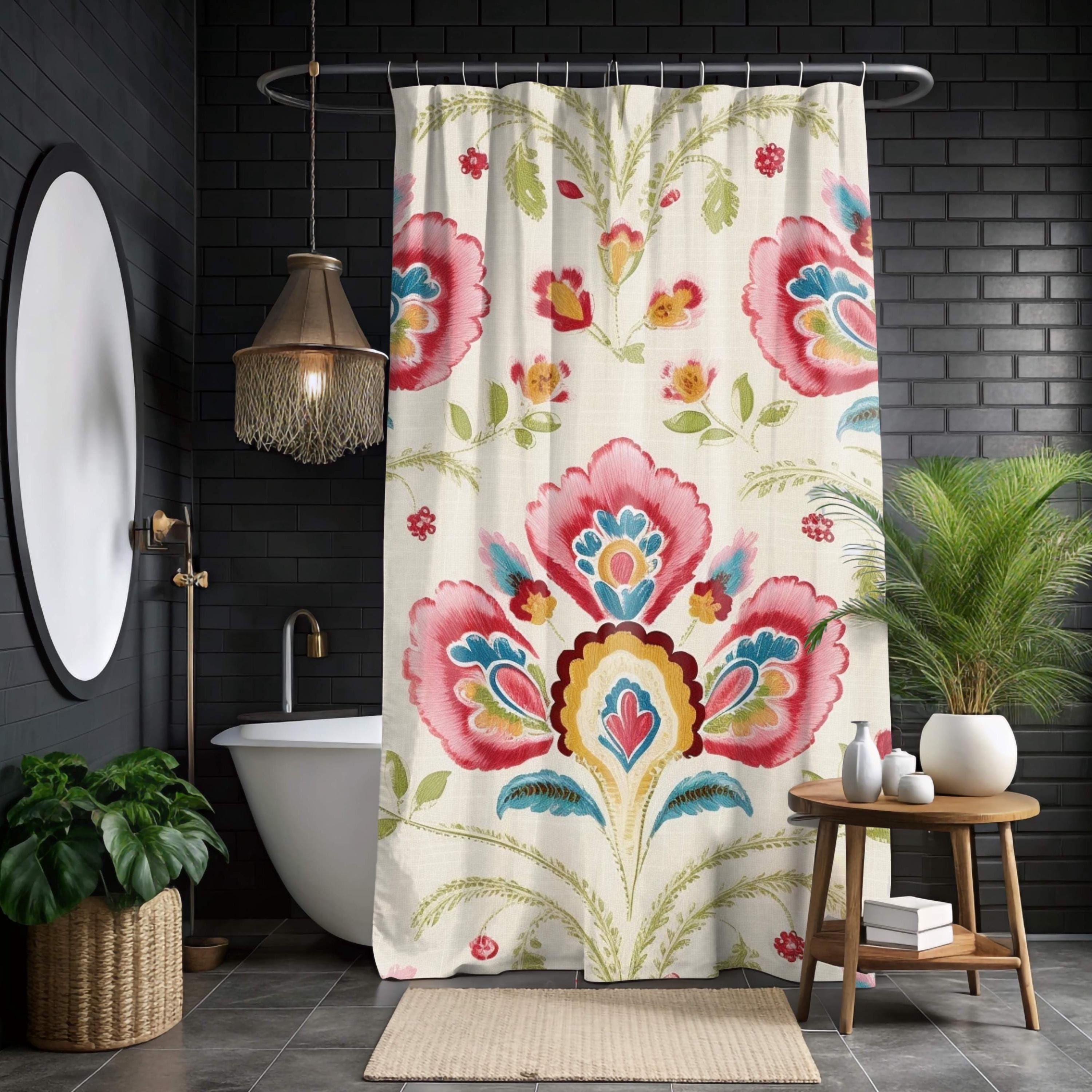 Folk Floral Shower Curtain, Boho Garden Print With Bold Flowers, Colorful Vintage-Inspired Art Fabric Curtain For Bathroom 71x74