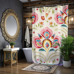 Folk Floral Shower Curtain, Boho Garden Print With Bold Flowers, Colorful Vintage-Inspired Art Fabric Curtain For Bathroom 71x74