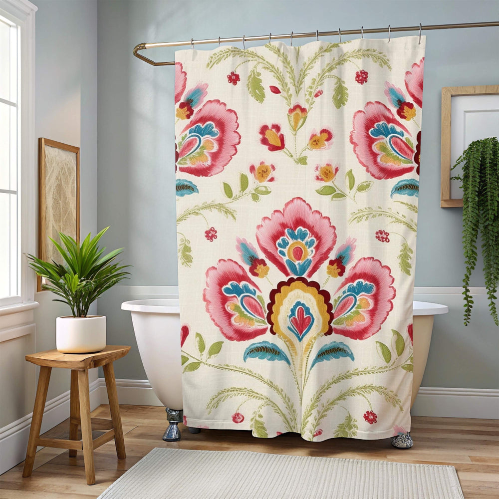 Folk Floral Shower Curtain, Boho Garden Print With Bold Flowers, Colorful Vintage-Inspired Art Fabric Curtain For Bathroom 71x74