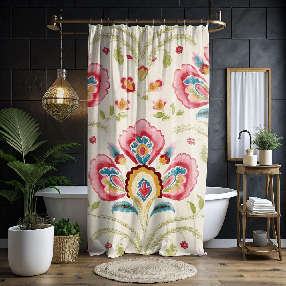 Folk Floral Shower Curtain, Boho Garden Print With Bold Flowers, Colorful Vintage-Inspired Art Fabric Curtain For Bathroom 71x74