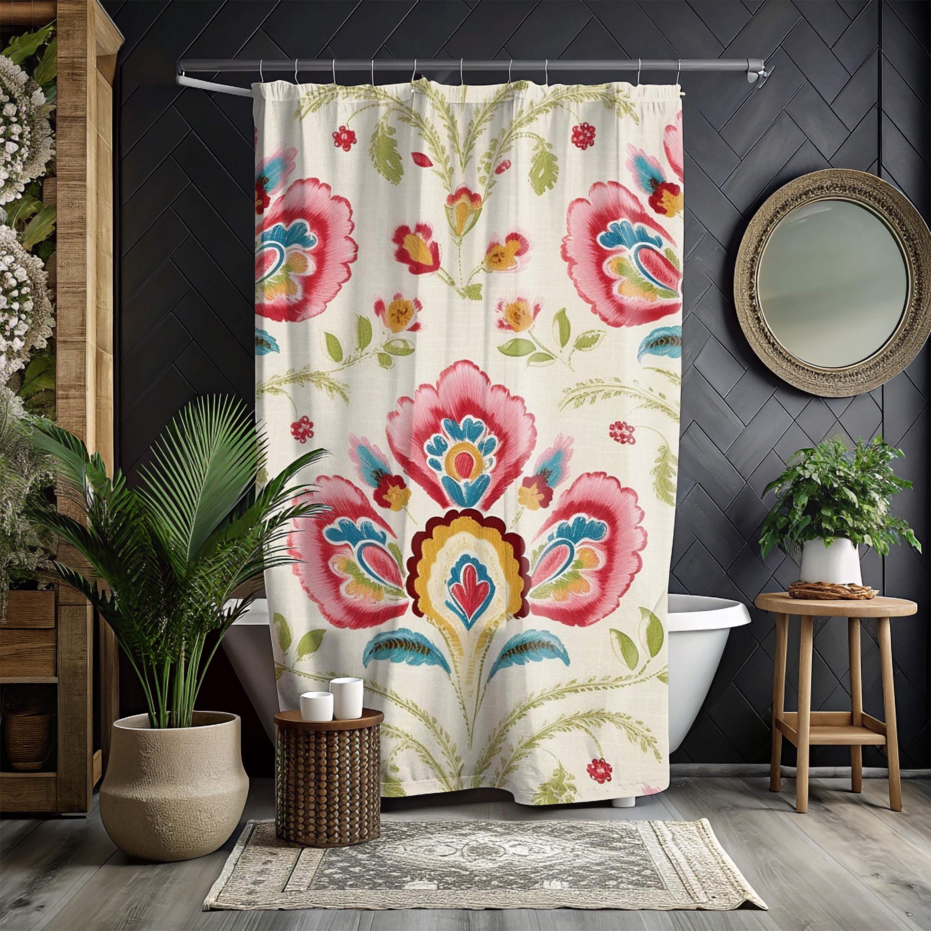 Folk Floral Shower Curtain, Boho Garden Print With Bold Flowers, Colorful Vintage-Inspired Art Fabric Curtain For Bathroom 71x74