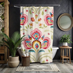 Folk Floral Shower Curtain, Boho Garden Print With Bold Flowers, Colorful Vintage-Inspired Art Fabric Curtain For Bathroom 71x74
