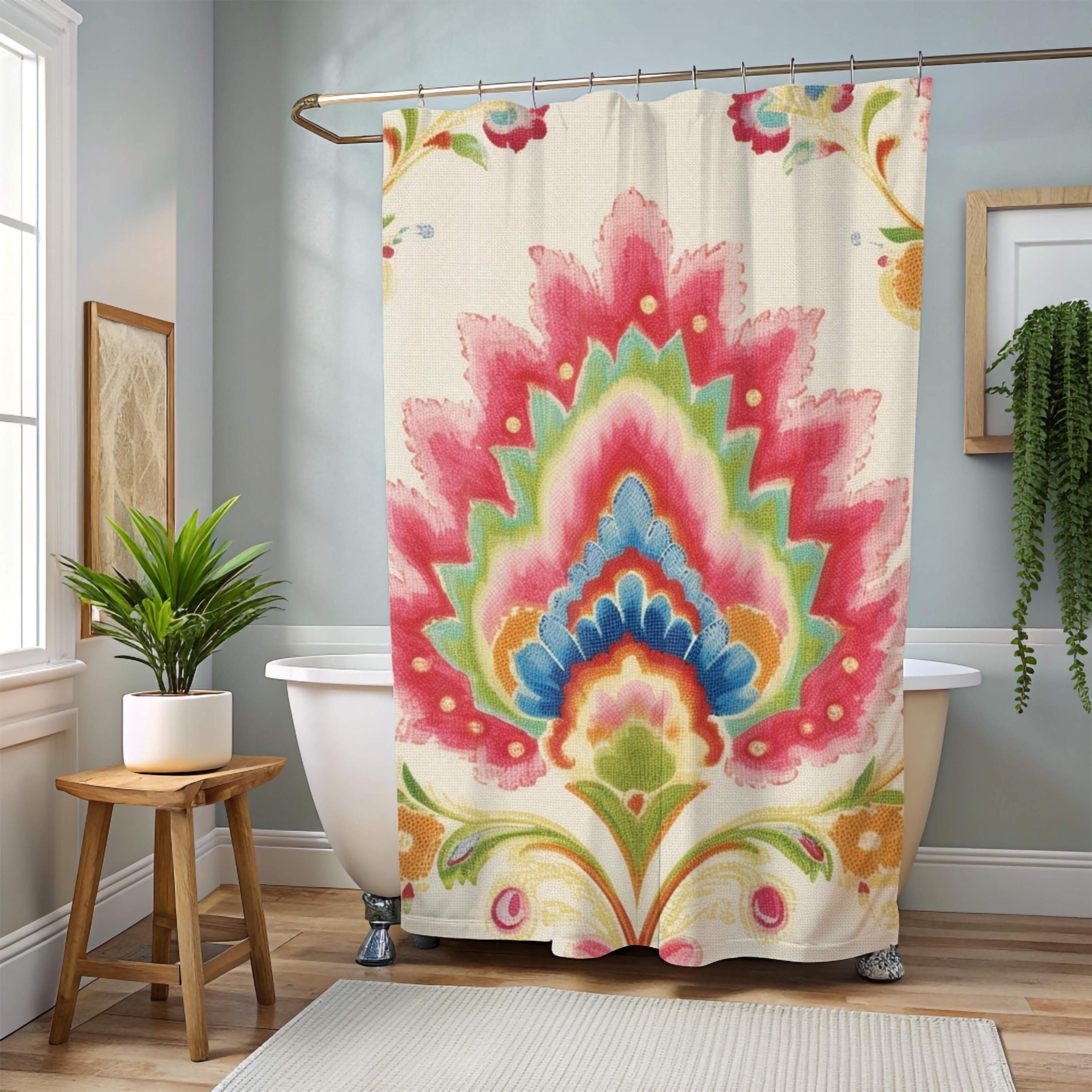 Boho Garden Print Shower Curtain, Folk Floral Decor Bold Flowers Curtain, Colorful Vintage-Inspired Art Fabric Curtain For Bathroom 71x74