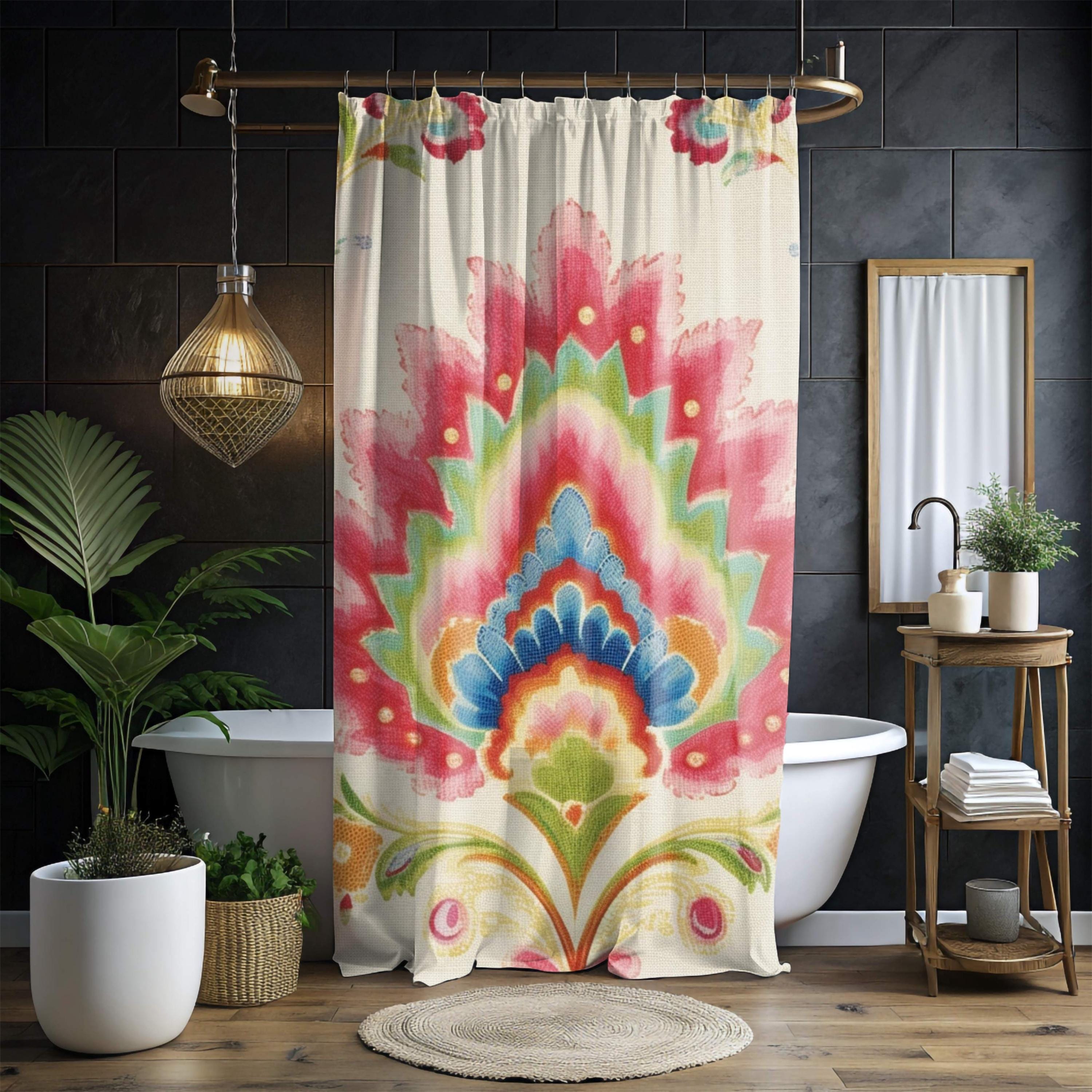 Boho Garden Print Shower Curtain, Folk Floral Decor Bold Flowers Curtain, Colorful Vintage-Inspired Art Fabric Curtain For Bathroom 71x74