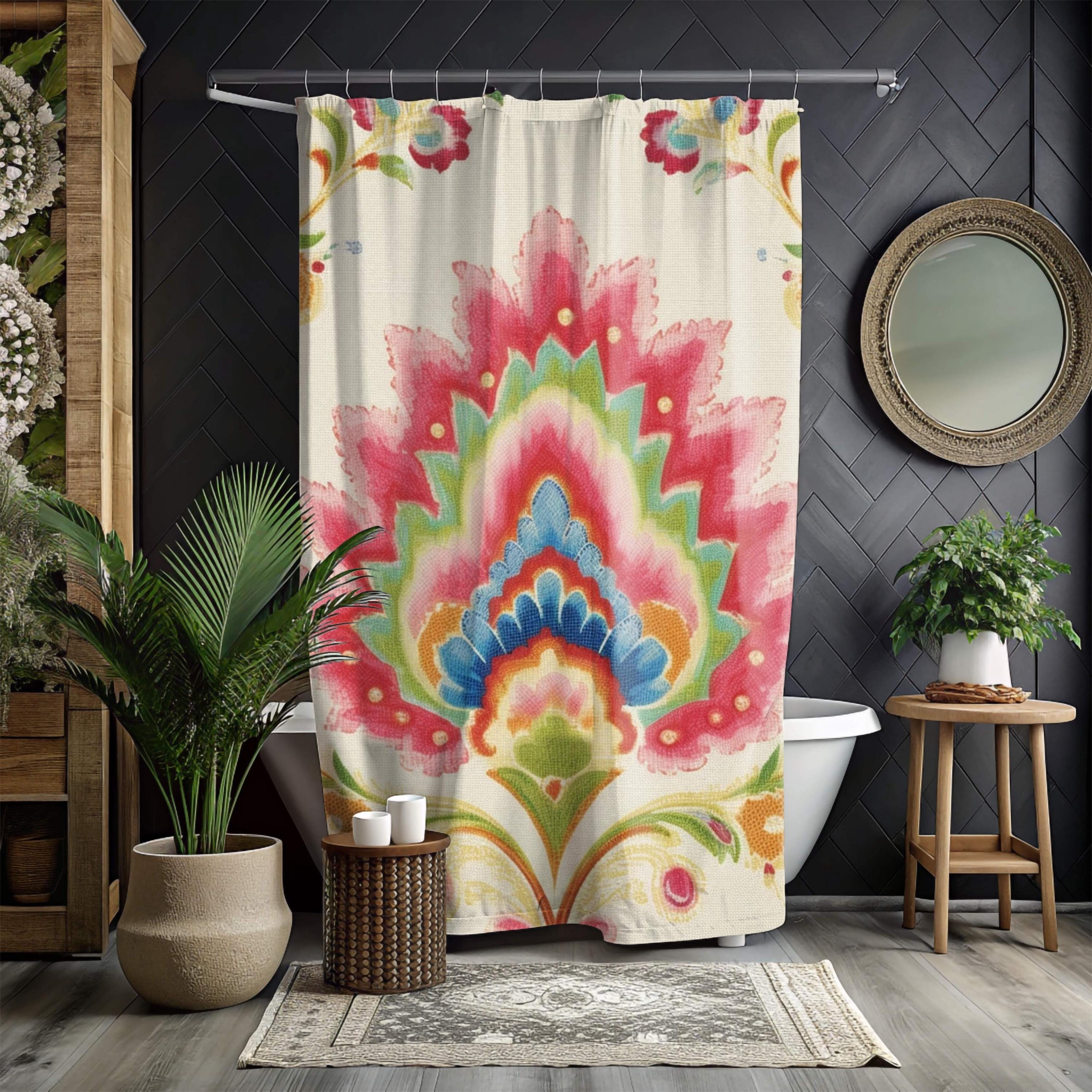 Boho Garden Print Shower Curtain, Folk Floral Decor Bold Flowers Curtain, Colorful Vintage-Inspired Art Fabric Curtain For Bathroom 71x74