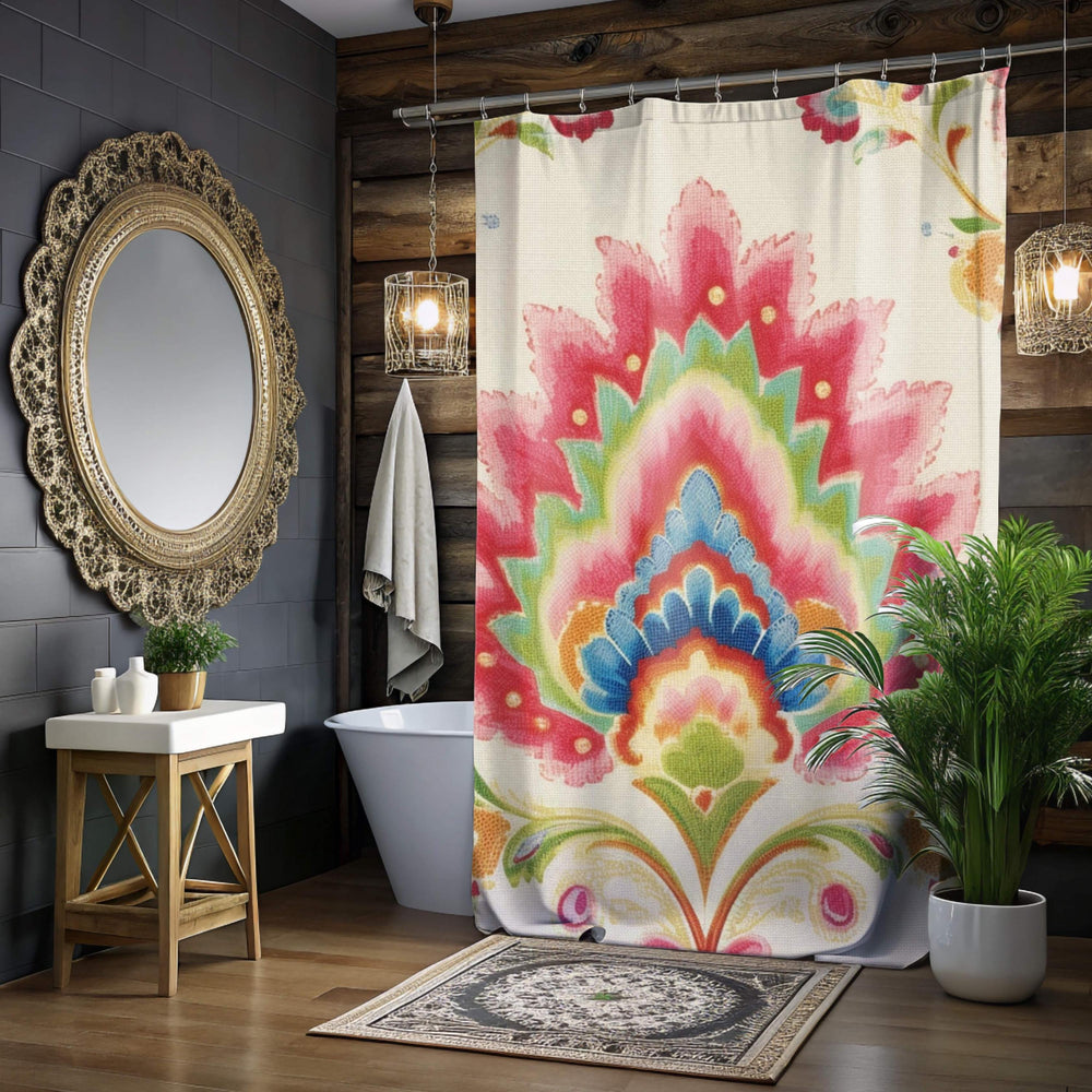 Boho Garden Print Shower Curtain, Folk Floral Decor Bold Flowers Curtain, Colorful Vintage-Inspired Art Fabric Curtain For Bathroom 71x74