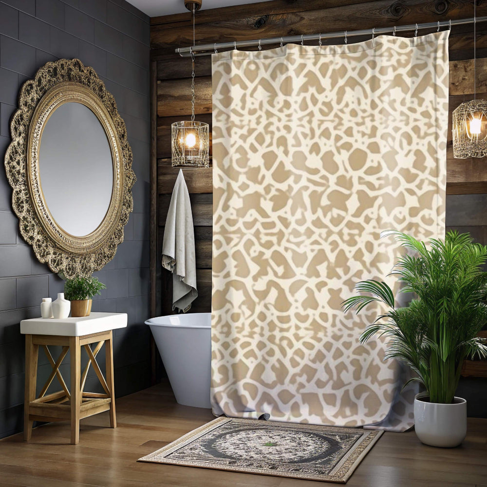 Beige Tribal Damask Shower Curtain, Neutral Ikat Pattern Bath Decor, Minimal Global Print Fabric Curtain For Modern Natural Bathroom 71x74