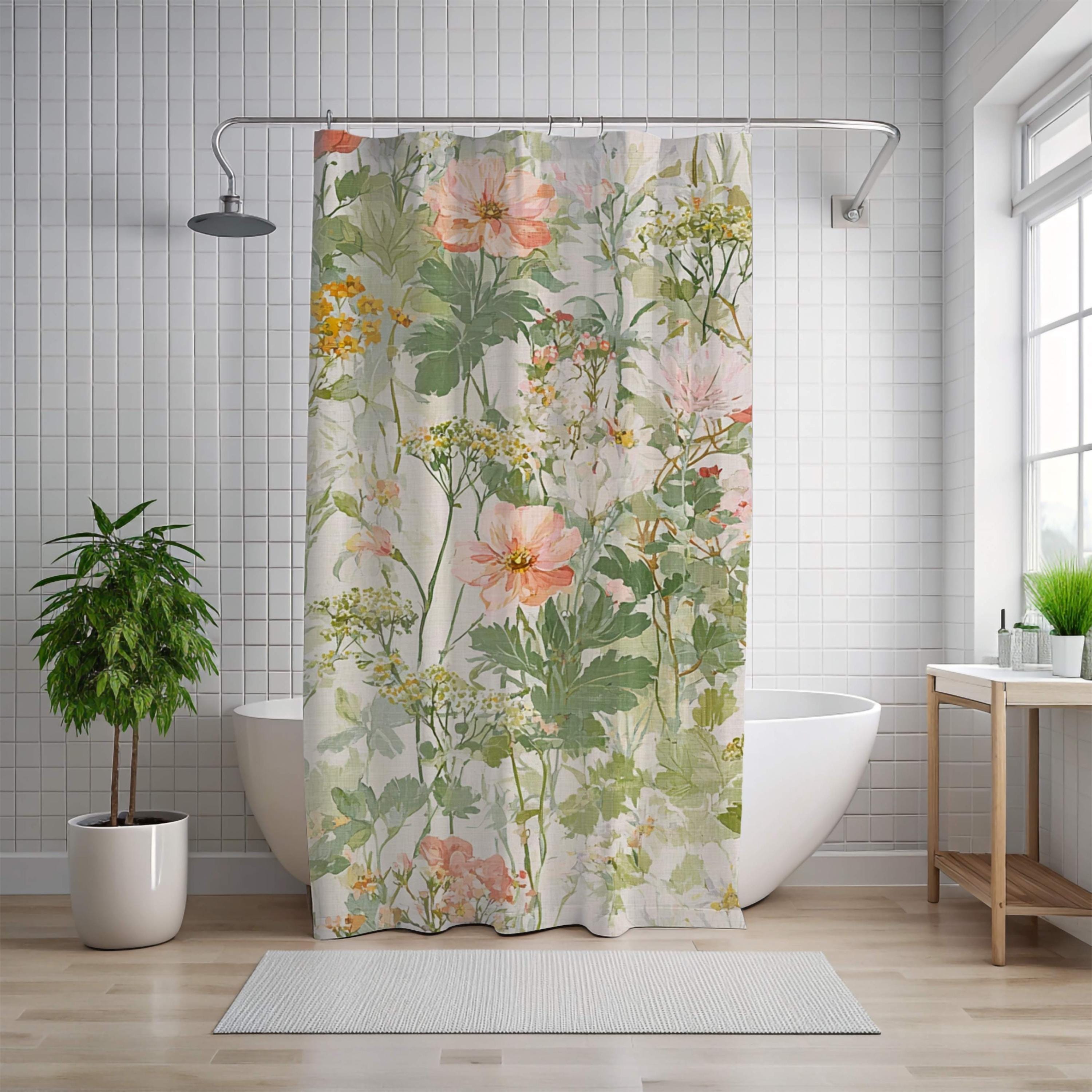Wildflower Garden Shower Curtain, Field Floral Bath Curtain, Botanical Meadow Print Bathroom Decor, Soft Nature Patterned Curtain 71x74