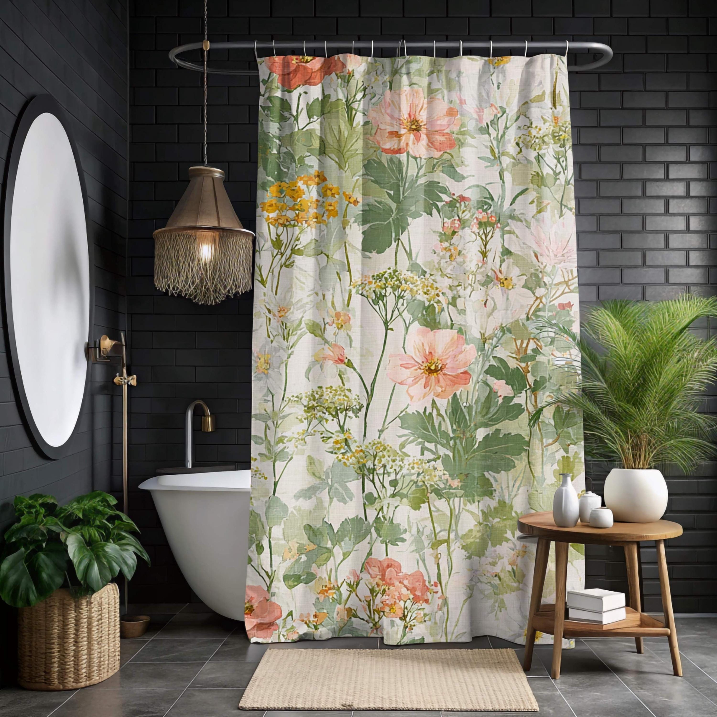 Wildflower Garden Shower Curtain, Field Floral Bath Curtain, Botanical Meadow Print Bathroom Decor, Soft Nature Patterned Curtain 71x74