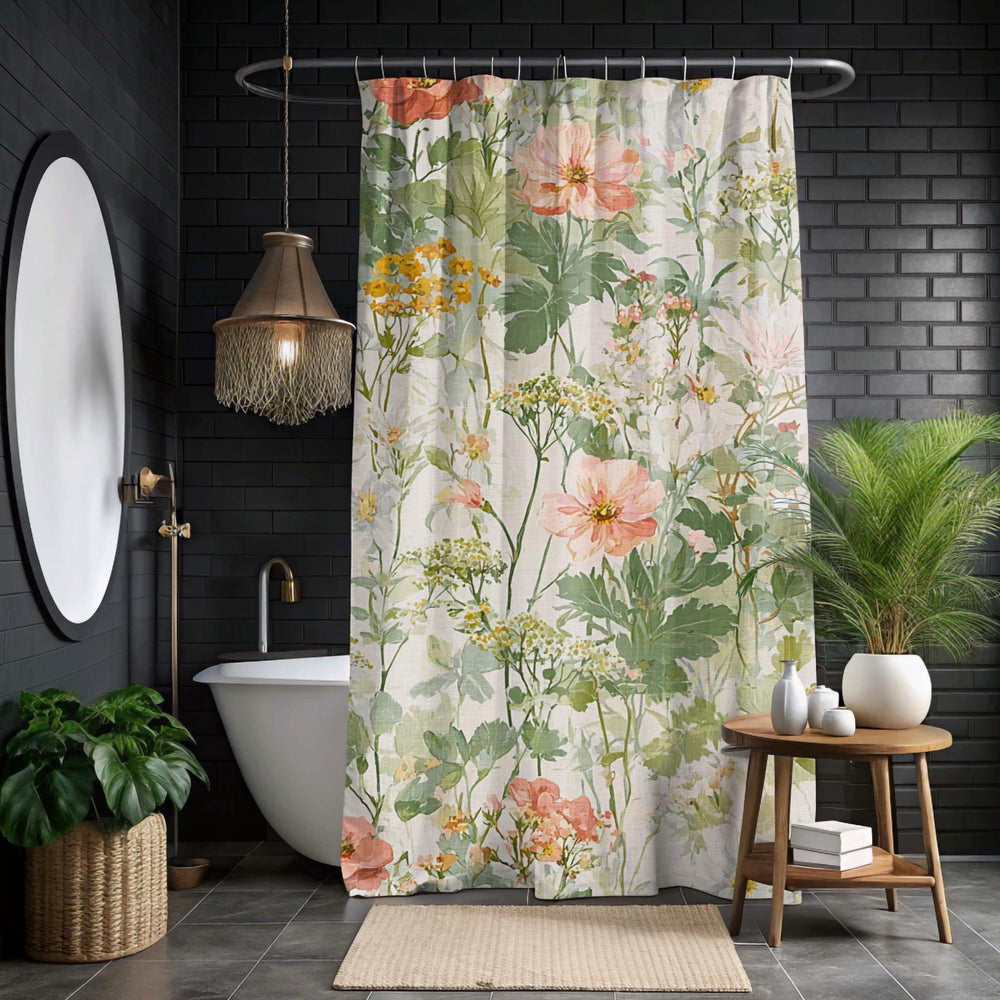 Wildflower Garden Shower Curtain, Field Floral Bath Curtain, Botanical Meadow Print Bathroom Decor, Soft Nature Patterned Curtain 71x74