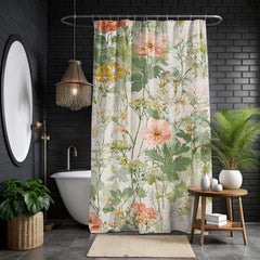 Wildflower Garden Shower Curtain, Field Floral Bath Curtain, Botanical Meadow Print Bathroom Decor, Soft Nature Patterned Curtain 71x74