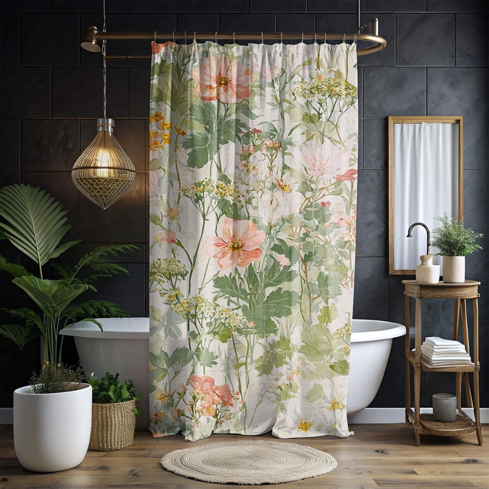 Wildflower Garden Shower Curtain, Field Floral Bath Curtain, Botanical Meadow Print Bathroom Decor, Soft Nature Patterned Curtain 71x74