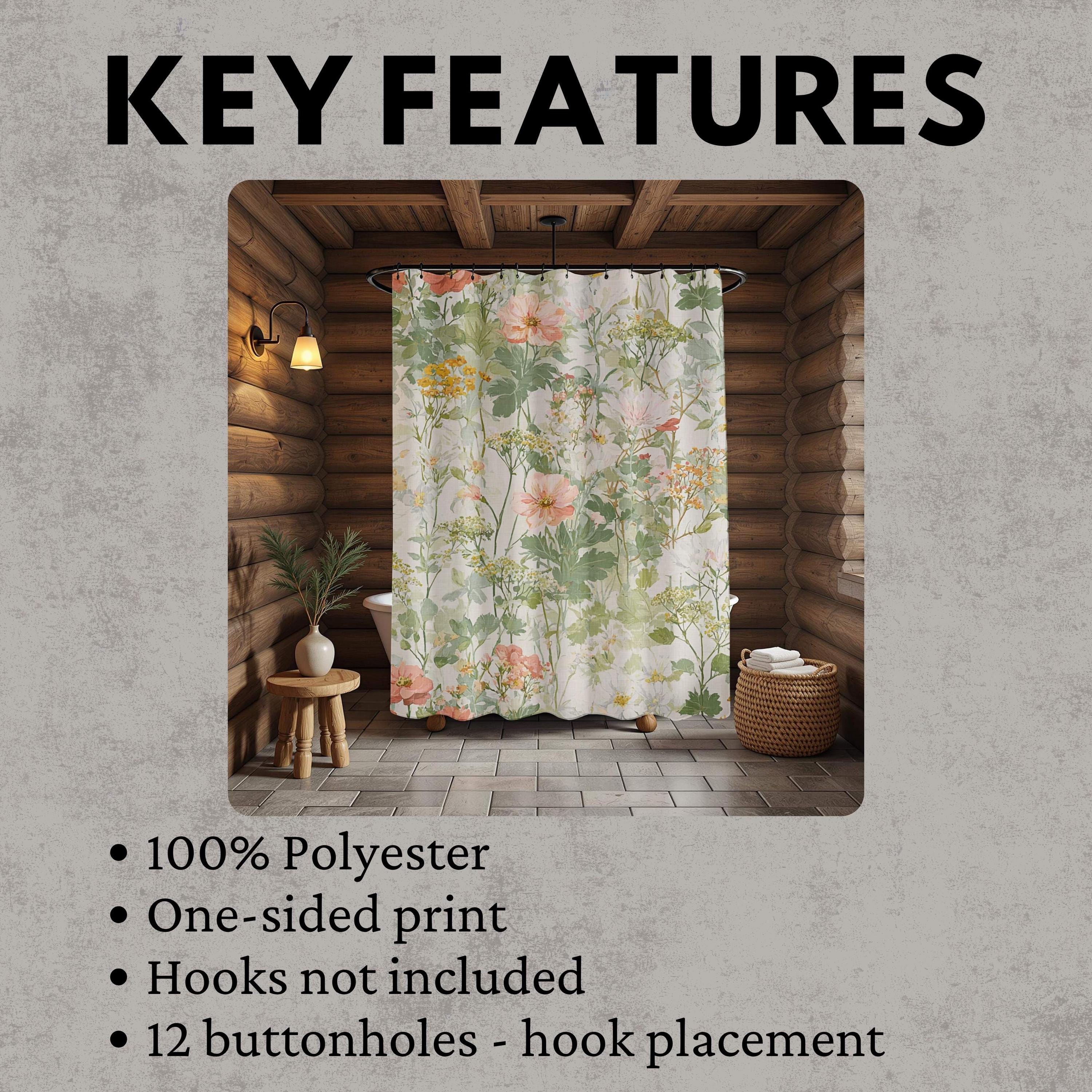 Wildflower Garden Shower Curtain, Field Floral Bath Curtain, Botanical Meadow Print Bathroom Decor, Soft Nature Patterned Curtain 71x74