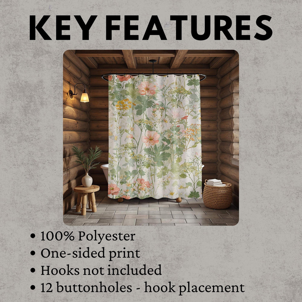 Wildflower Garden Shower Curtain, Field Floral Bath Curtain, Botanical Meadow Print Bathroom Decor, Soft Nature Patterned Curtain 71x74