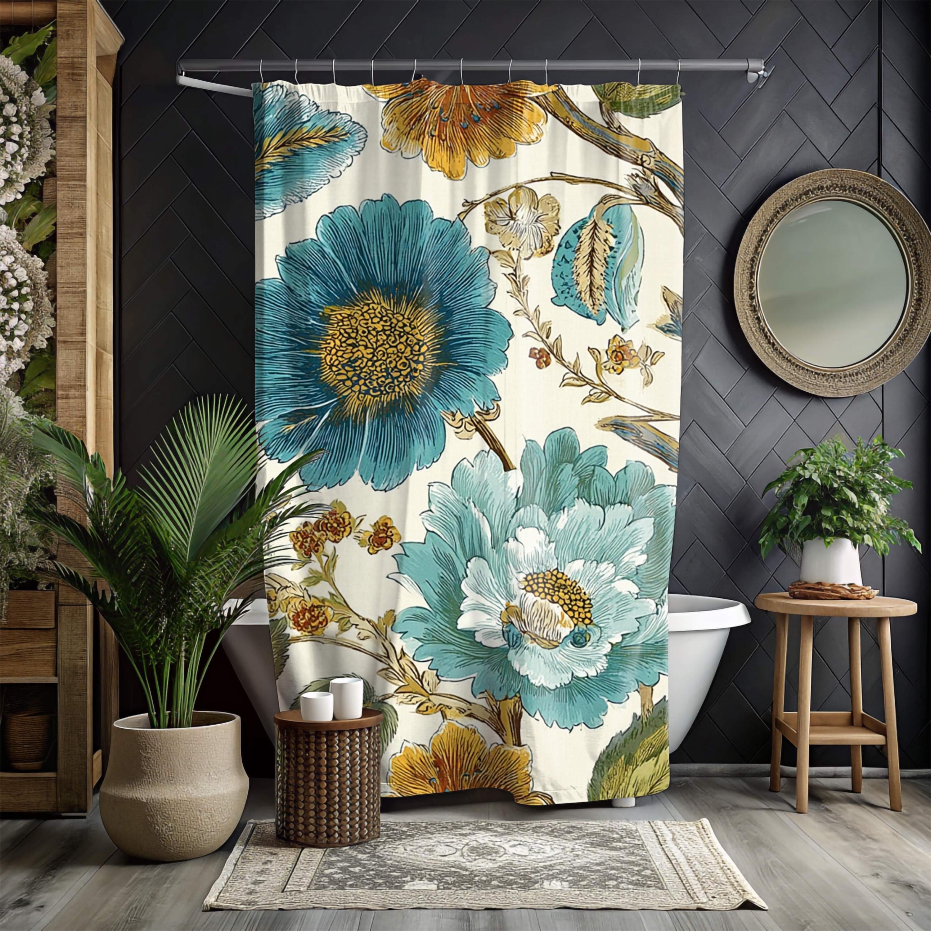 Teal Gold Floral Shower Curtain, Large Botanical Flower Bath Curtain, Vintage Style Bloom Print, Artistic Bathroom Decor, 71x74 Curtain