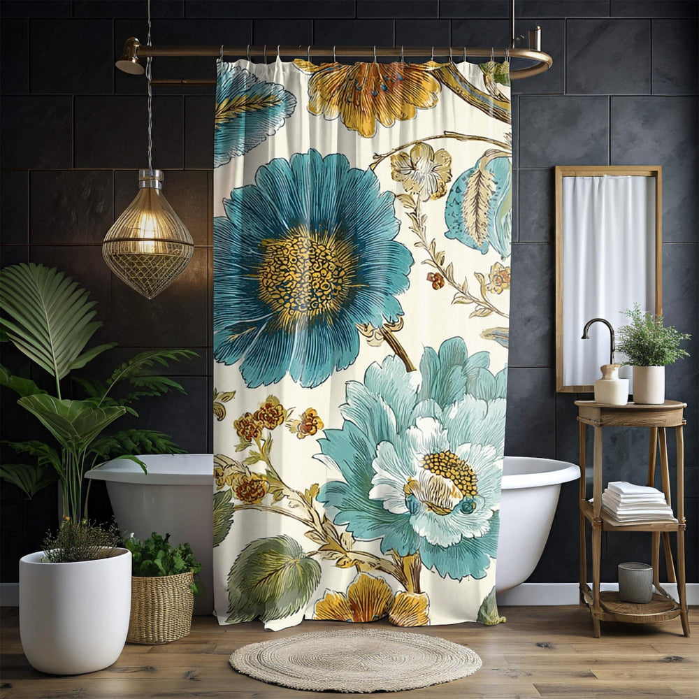 Teal Gold Floral Shower Curtain, Large Botanical Flower Bath Curtain, Vintage Style Bloom Print, Artistic Bathroom Decor, 71x74 Curtain