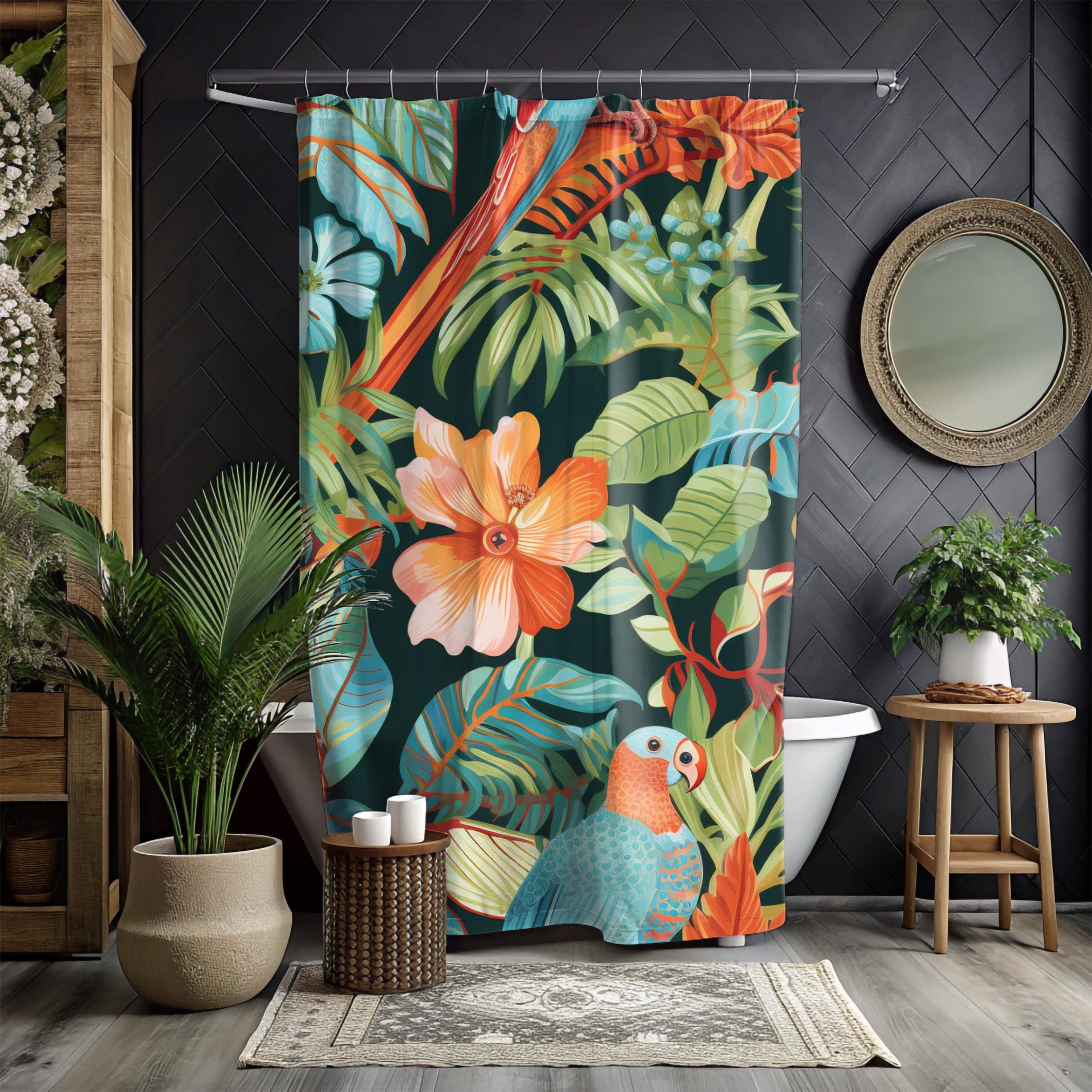Jungle Bird Shower Curtain, Colorful Tropical Parrot Bath Decor, Exotic Rainforest Art Print Curtain, Tropical Bathroom Accent 71x74