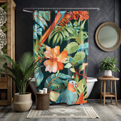 Jungle Bird Shower Curtain, Colorful Tropical Parrot Bath Decor, Exotic Rainforest Art Print Curtain, Tropical Bathroom Accent 71x74