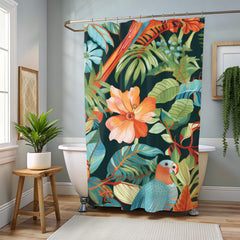 Jungle Bird Shower Curtain, Colorful Tropical Parrot Bath Decor, Exotic Rainforest Art Print Curtain, Tropical Bathroom Accent 71x74