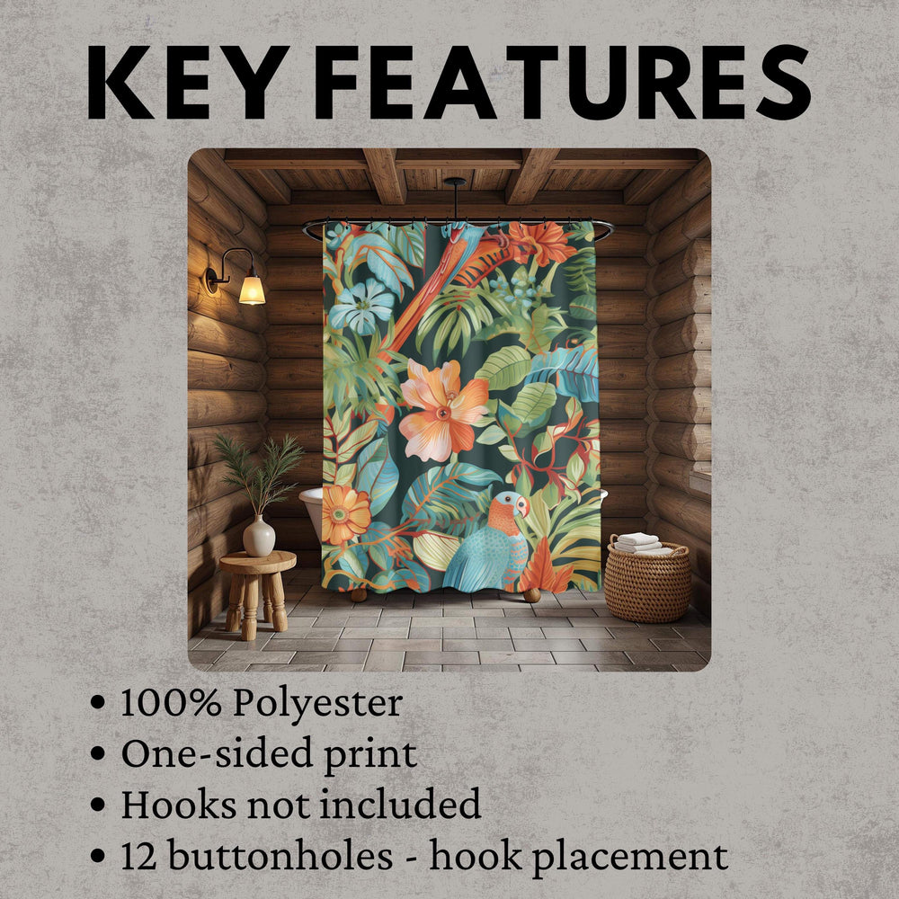 Jungle Bird Shower Curtain, Colorful Tropical Parrot Bath Decor, Exotic Rainforest Art Print Curtain, Tropical Bathroom Accent 71x74