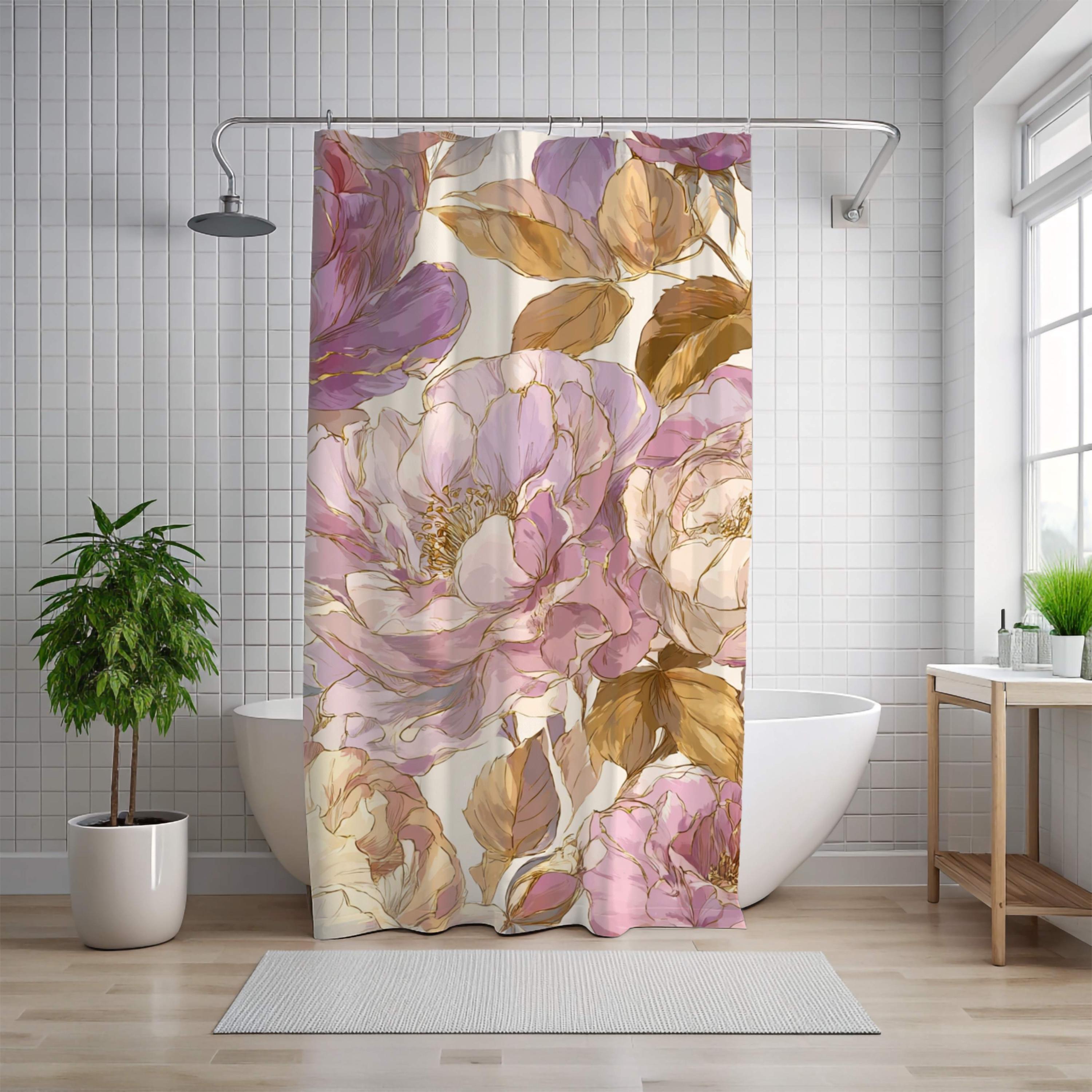 Blush Gold Peony Shower Curtain, Romantic Floral Bathroom Decor, Vintage Pink Flower Art Curtain, Elegant Botanical Bath Accent 71x74