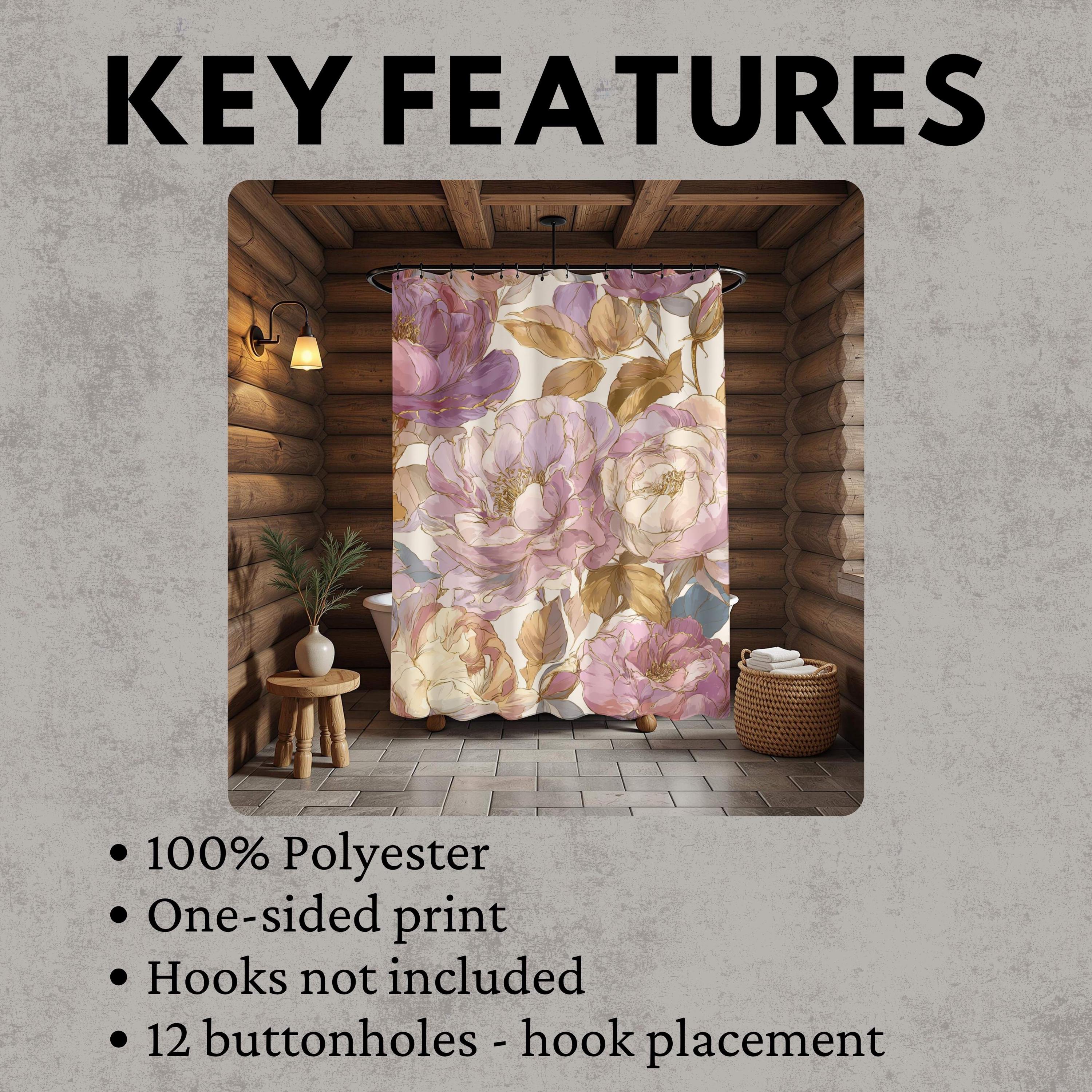 Blush Gold Peony Shower Curtain, Romantic Floral Bathroom Decor, Vintage Pink Flower Art Curtain, Elegant Botanical Bath Accent 71x74