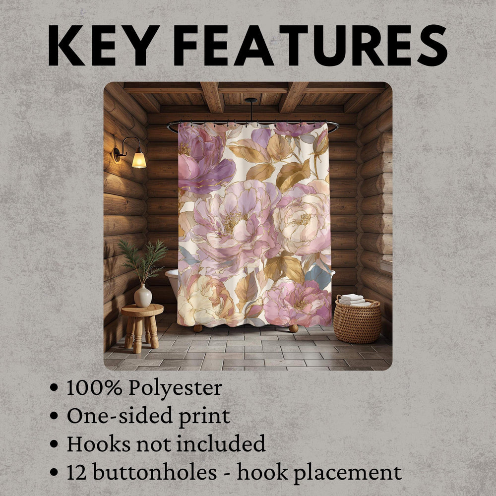 Blush Gold Peony Shower Curtain, Romantic Floral Bathroom Decor, Vintage Pink Flower Art Curtain, Elegant Botanical Bath Accent 71x74