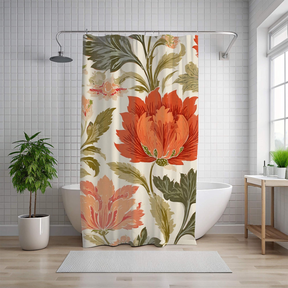 Bold Floral Shower Curtain, Red Orange Vintage Bloom Bathroom Art, Botanical Curtain 71x74, Autumn Inspired Retro Flower Print