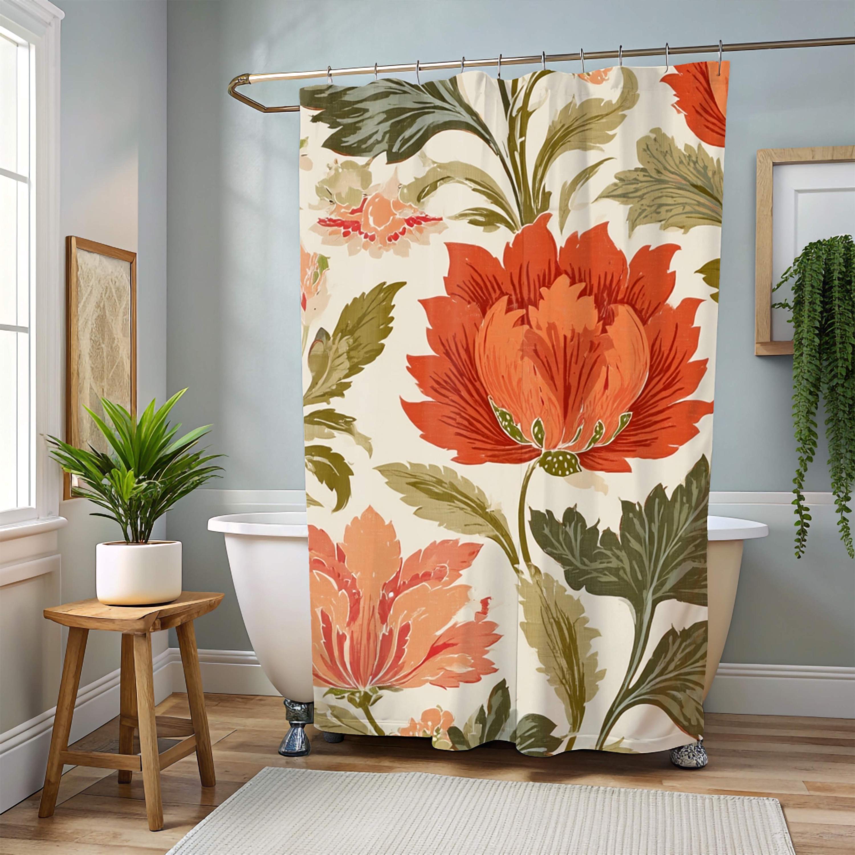 Bold Floral Shower Curtain, Red Orange Vintage Bloom Bathroom Art, Botanical Curtain 71x74, Autumn Inspired Retro Flower Print