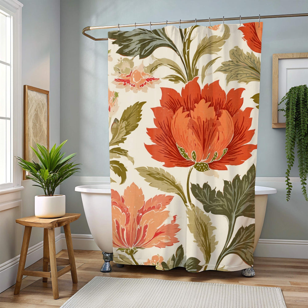Bold Floral Shower Curtain, Red Orange Vintage Bloom Bathroom Art, Botanical Curtain 71x74, Autumn Inspired Retro Flower Print