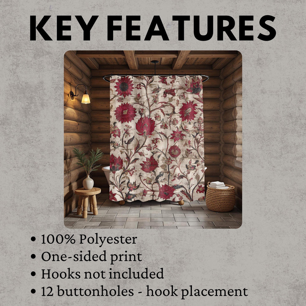 Vintage Red Floral Shower Curtain, Antique Botanical Style Bathroom Curtain 71x74, Rustic Tapestry Look Shower Art, Distressed Bloom Print