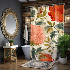 Retro Floral Shower Curtain, Vintage Oversized Bloom Bathroom Curtain 71x74, Warm Cottagecore Botanical Style, Coral Red Flower Bath Decor