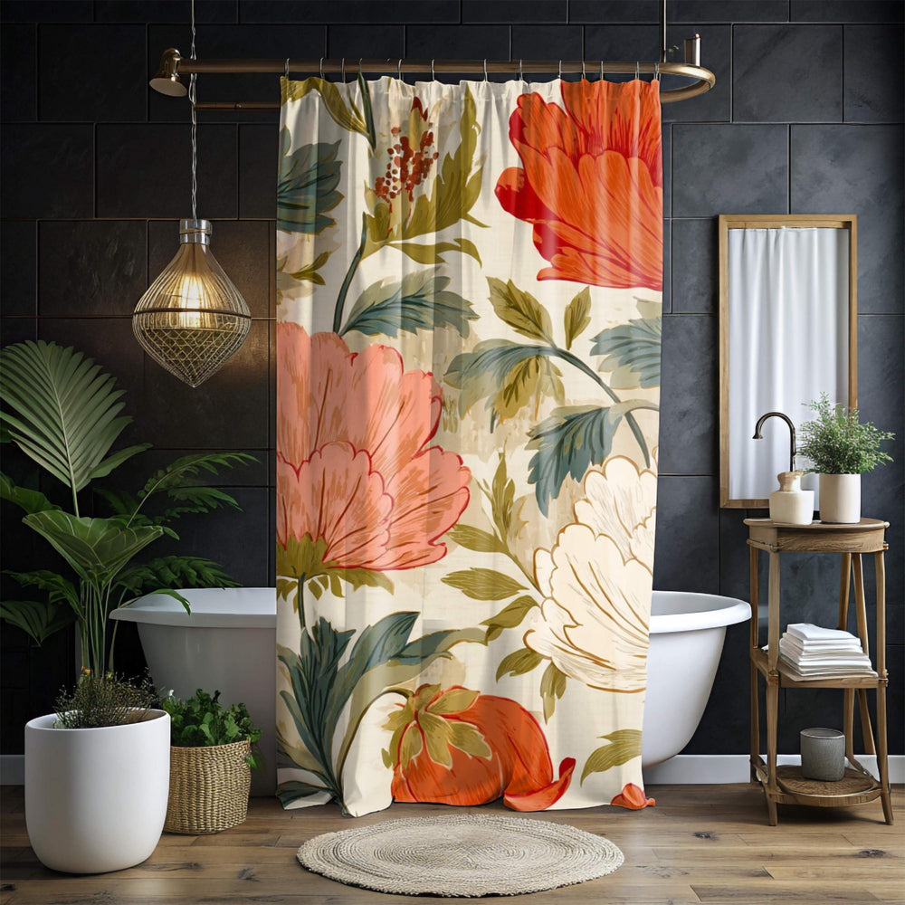 Retro Floral Shower Curtain, Vintage Oversized Bloom Bathroom Curtain 71x74, Warm Cottagecore Botanical Style, Coral Red Flower Bath Decor