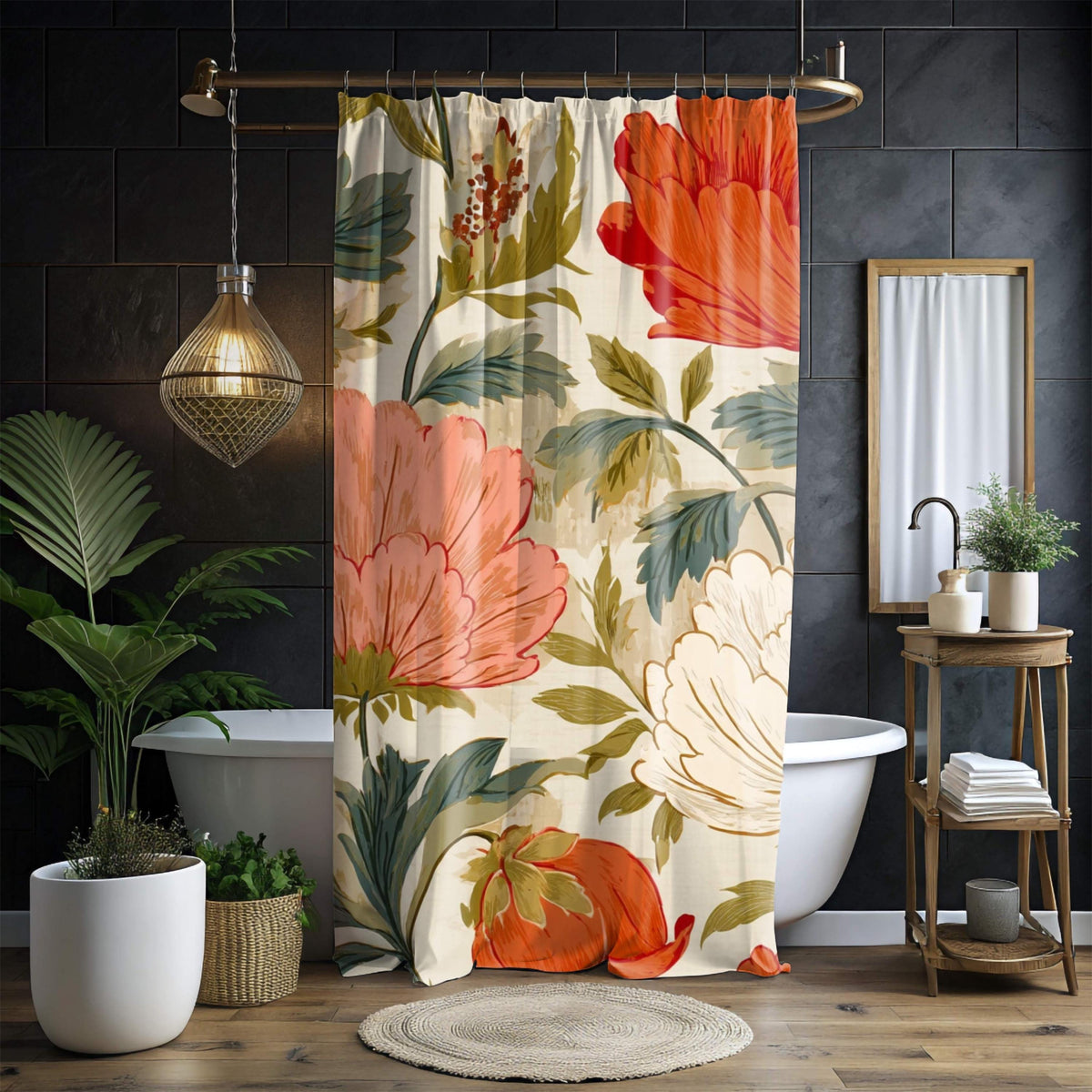 Retro Floral Shower Curtain, Vintage Oversized Bloom Bathroom Curtain 71x74, Warm Cottagecore Botanical Style, Coral Red Flower Bath Decor