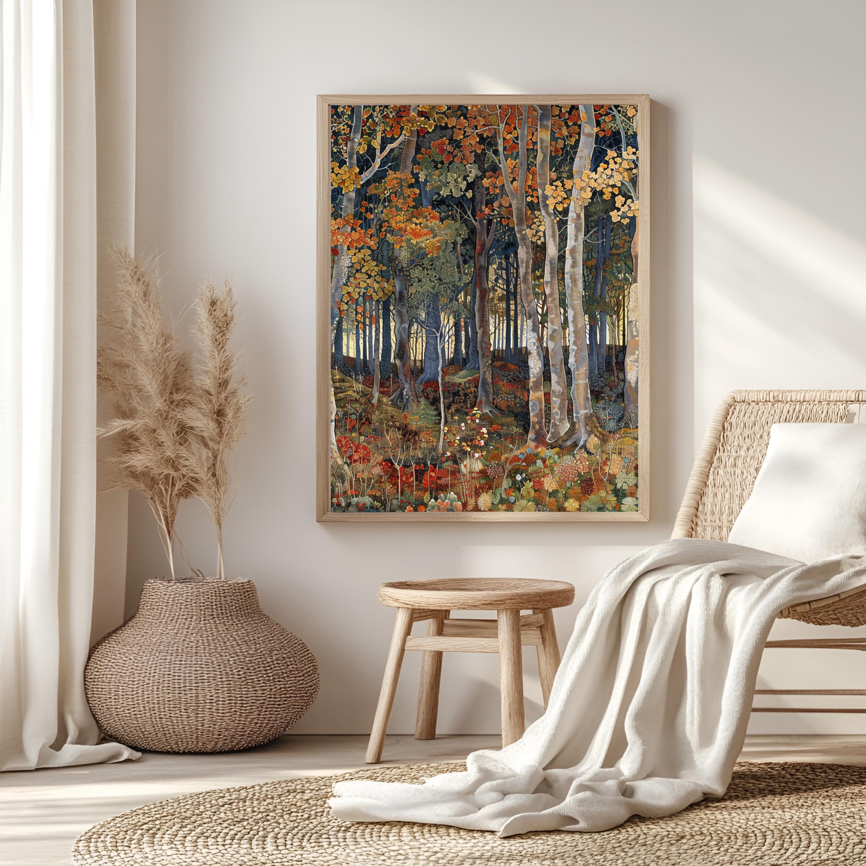 William Morris Inspired Autumn Forest Canvas Wall Art, Fall Painting, Vintage Botanical Art, Rustic Autumn Decor, Nature-Inspired Home Decor