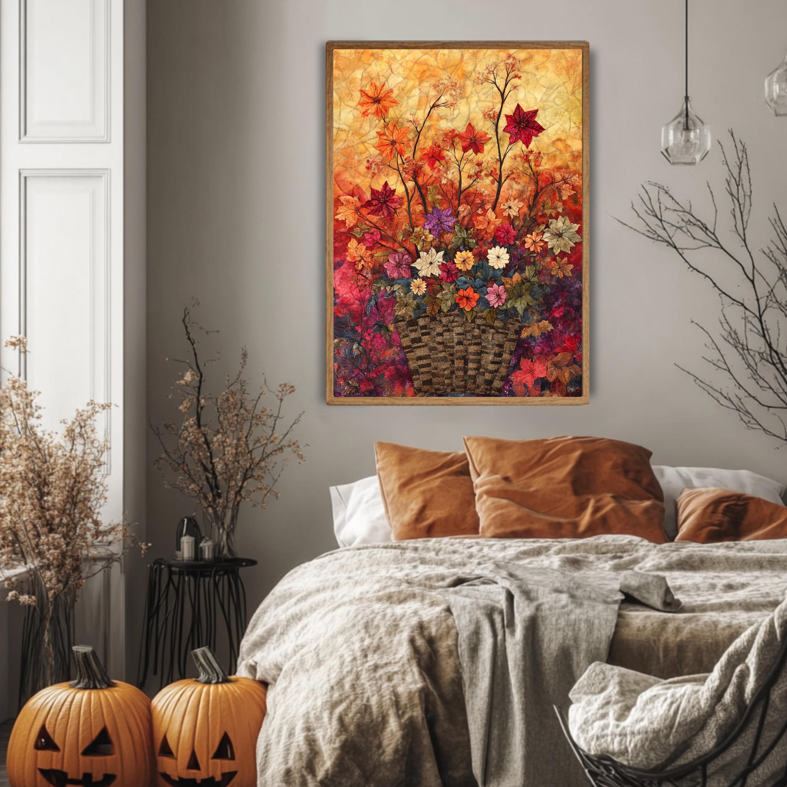 Autumn Basket Floral Wall Art, Wooden Framed Canvas, Colorful Fall Flower Print, Rustic Seasonal Wall Decor, Botanical Harvest Accent