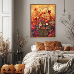Autumn Basket Floral Wall Art, Wooden Framed Canvas, Colorful Fall Flower Print, Rustic Seasonal Wall Decor, Botanical Harvest Accent