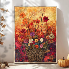 Autumn Basket Floral Wall Art, Wooden Framed Canvas, Colorful Fall Flower Print, Rustic Seasonal Wall Decor, Botanical Harvest Accent