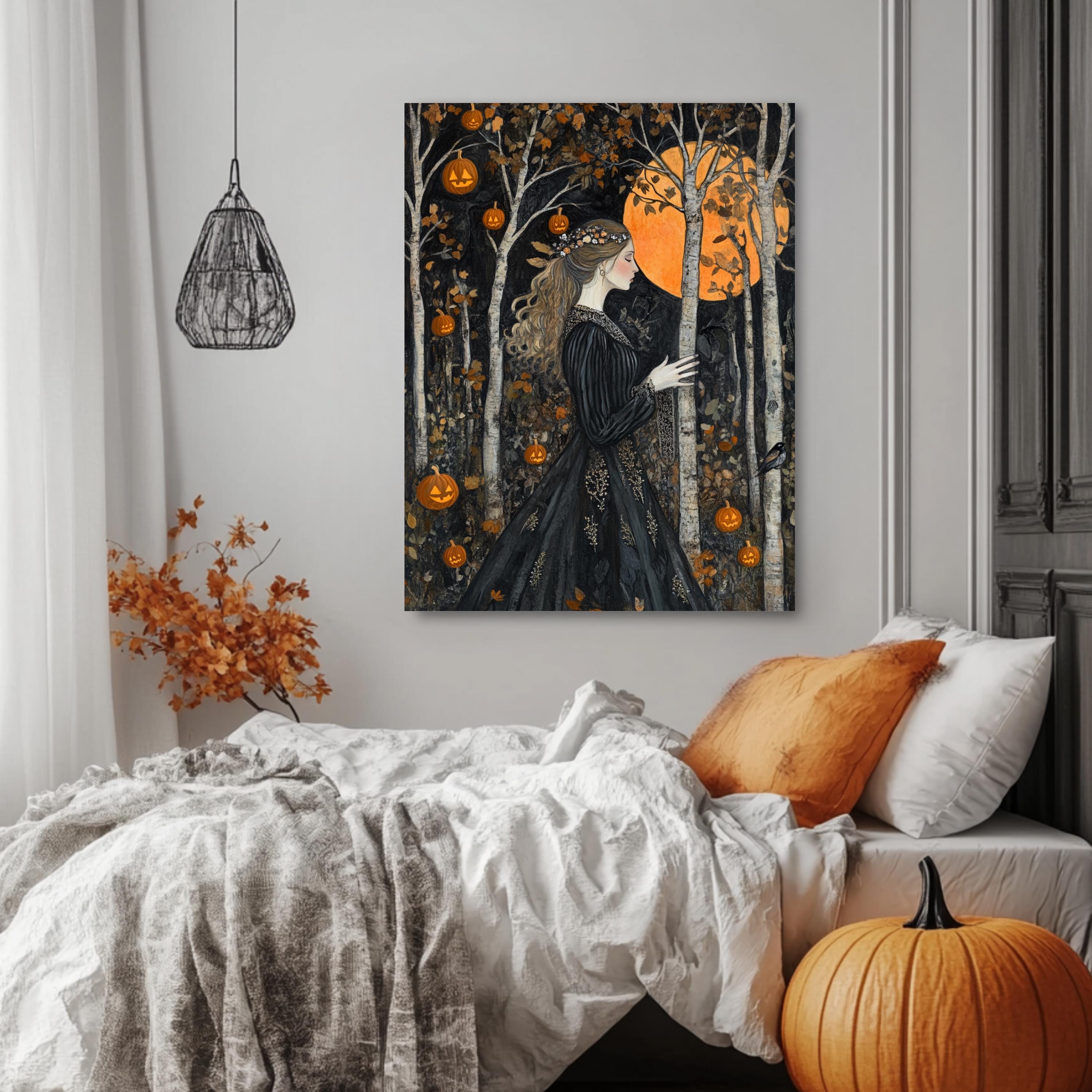 Halloween Goddess Wall Art, William Morris Style Decor, Wooden Framed Canvas, Gothic Pumpkin Forest Print, Autumn Full Moon Home Accent