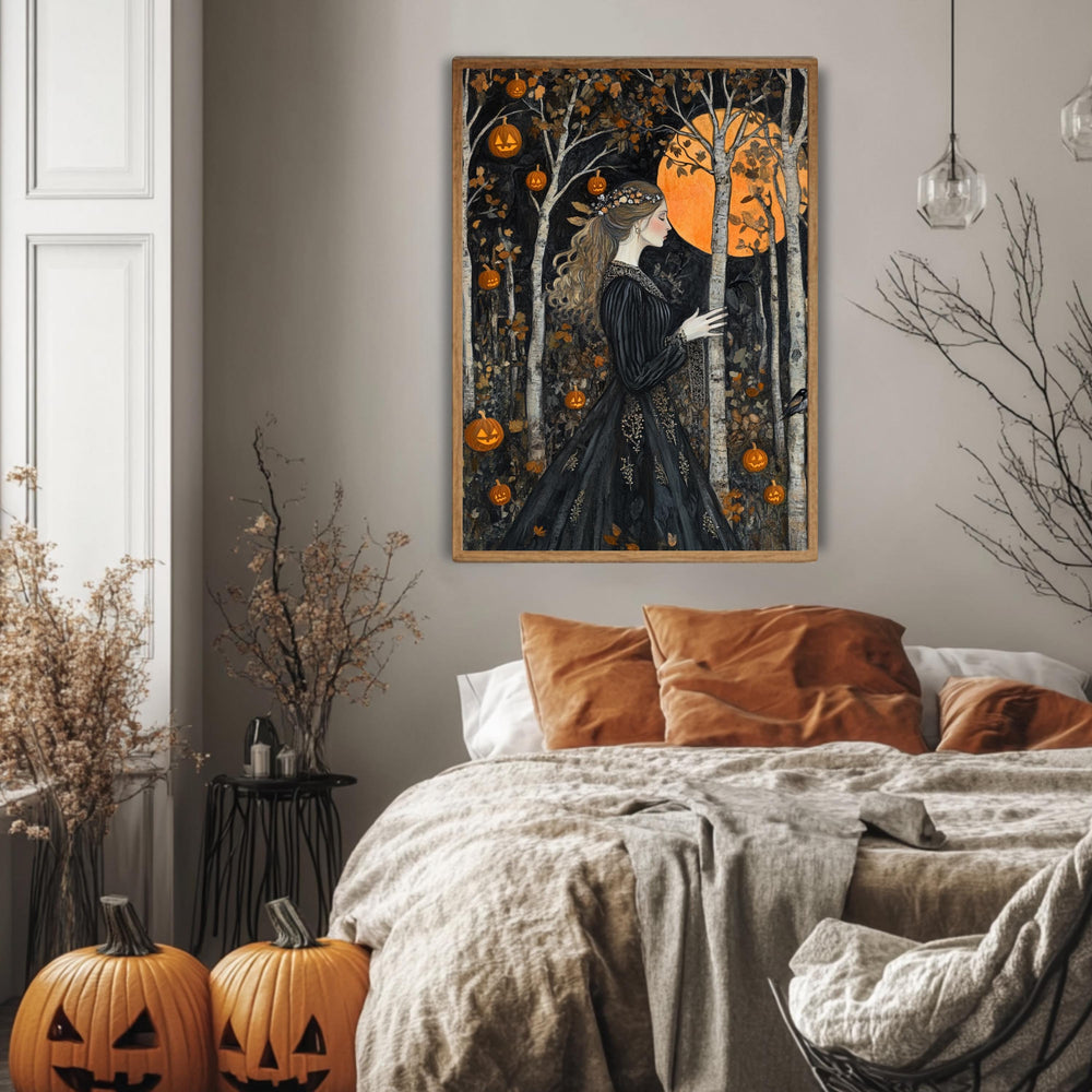 Halloween Goddess Wall Art, William Morris Style Decor, Wooden Framed Canvas, Gothic Pumpkin Forest Print, Autumn Full Moon Home Accent