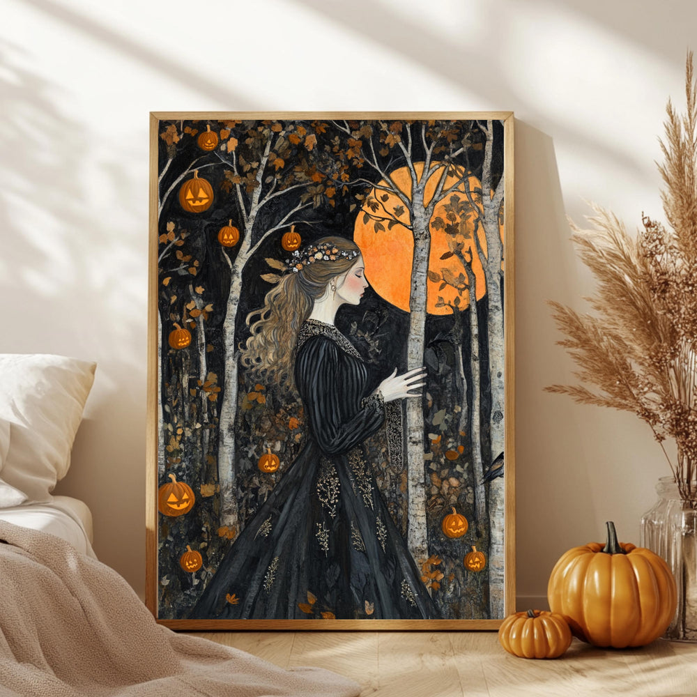 Halloween Goddess Wall Art, William Morris Style Decor, Wooden Framed Canvas, Gothic Pumpkin Forest Print, Autumn Full Moon Home Accent