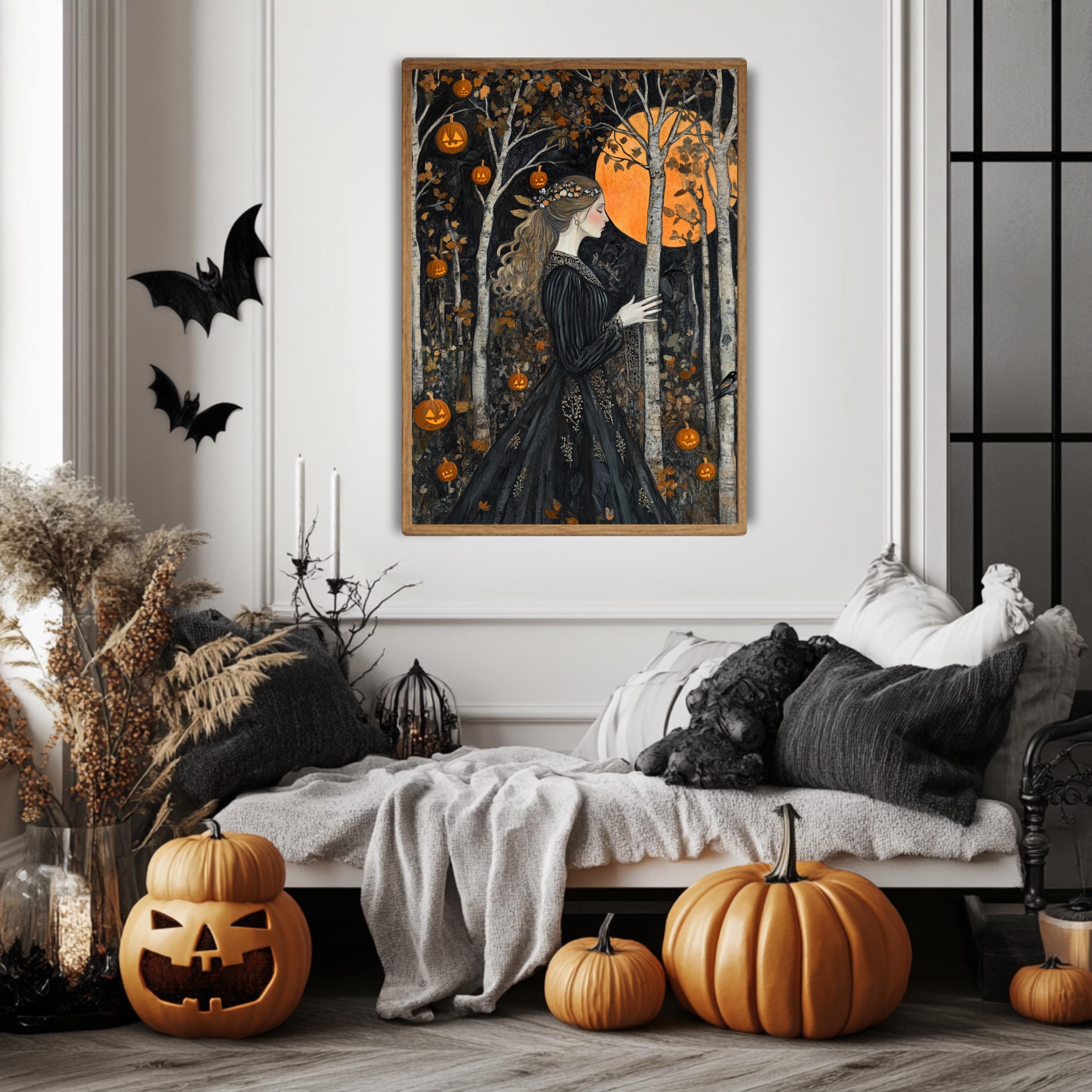 Halloween Goddess Wall Art, William Morris Style Decor, Wooden Framed Canvas, Gothic Pumpkin Forest Print, Autumn Full Moon Home Accent