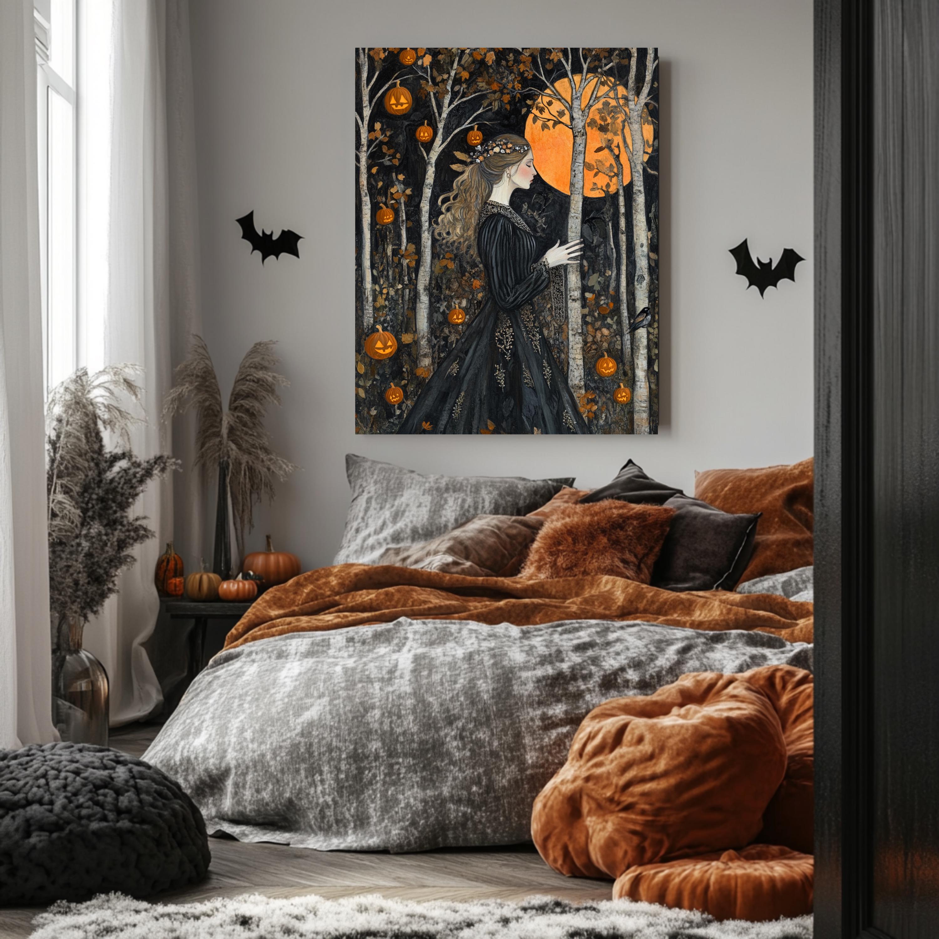 Halloween Goddess Wall Art, William Morris Style Decor, Wooden Framed Canvas, Gothic Pumpkin Forest Print, Autumn Full Moon Home Accent