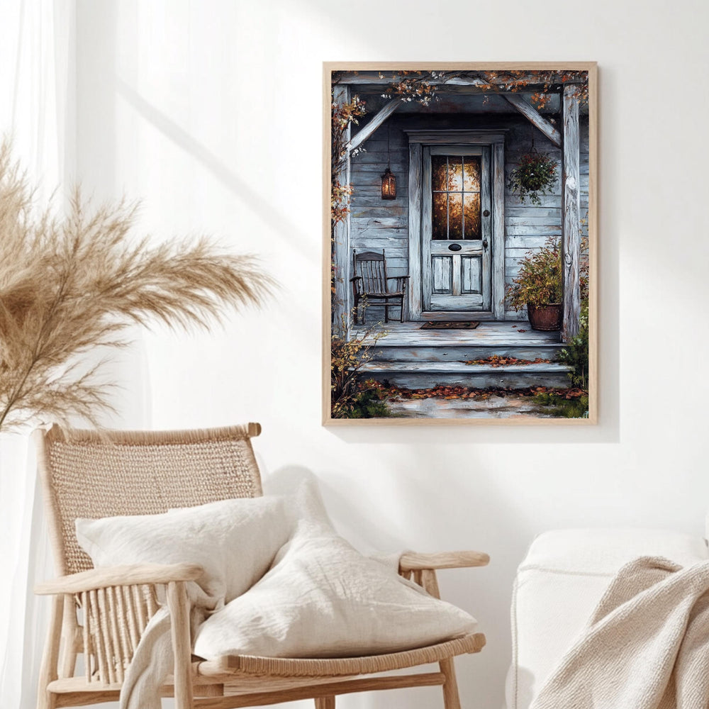 Rustic Autumn Porch Wall Art, Wooden Framed Canvas, Country Farmhouse Fall Print, Cozy Front Door Decor, Vintage Country Home Accent
