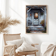 Rustic Autumn Porch Wall Art, Wooden Framed Canvas, Country Farmhouse Fall Print, Cozy Front Door Decor, Vintage Country Home Accent
