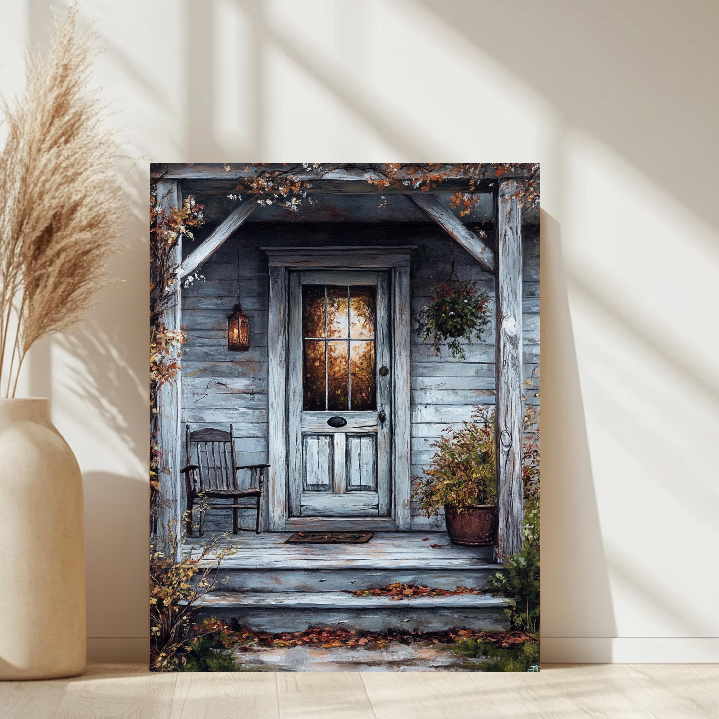 Rustic Autumn Porch Wall Art, Wooden Framed Canvas, Country Farmhouse Fall Print, Cozy Front Door Decor, Vintage Country Home Accent